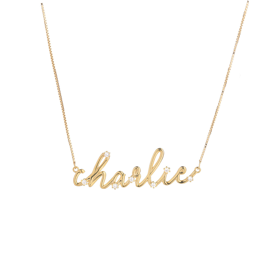 Starry Script Name Necklace in 14K Solid Gold Box  Chain