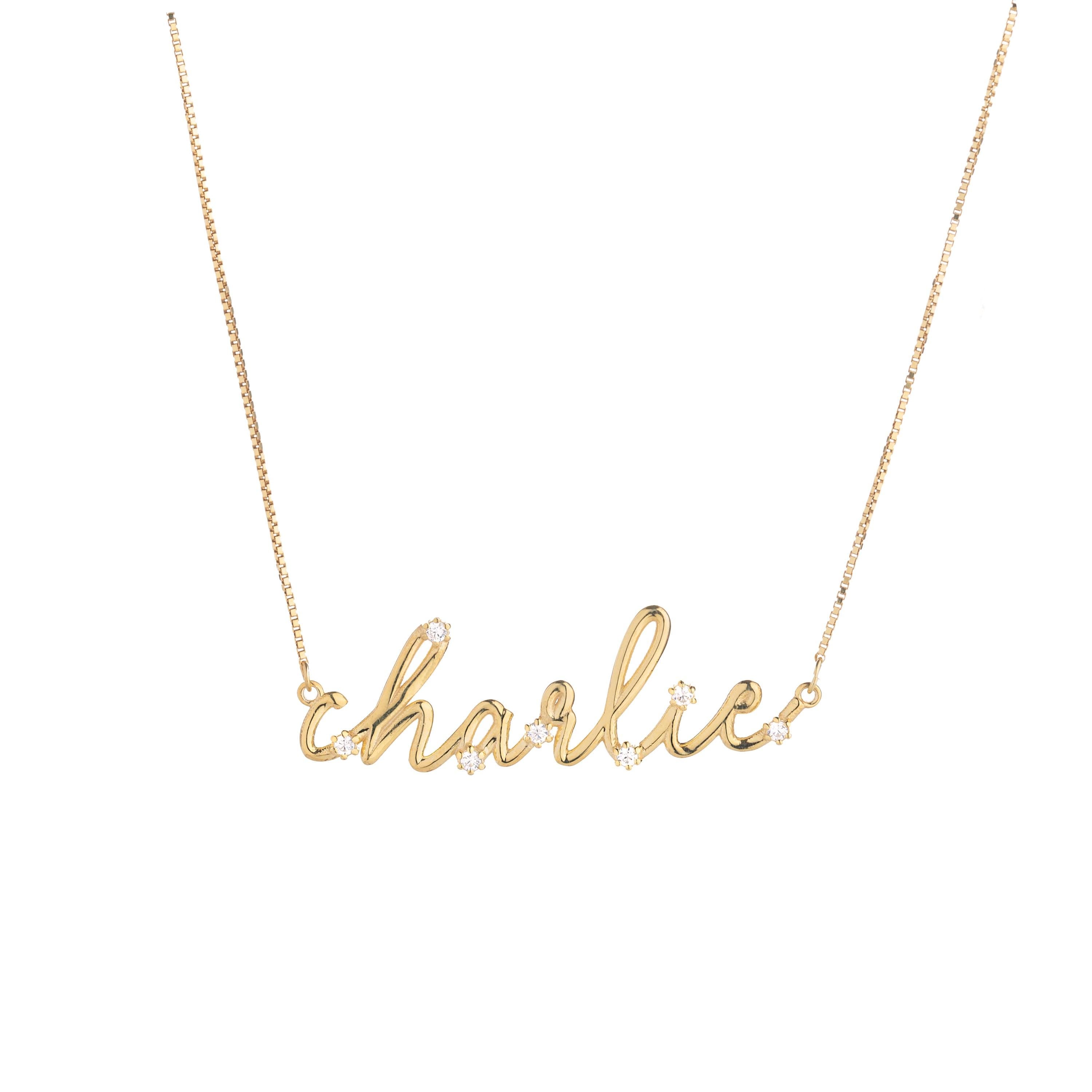 Starry Script Name Necklace in 14K Solid Gold Box  Chain
