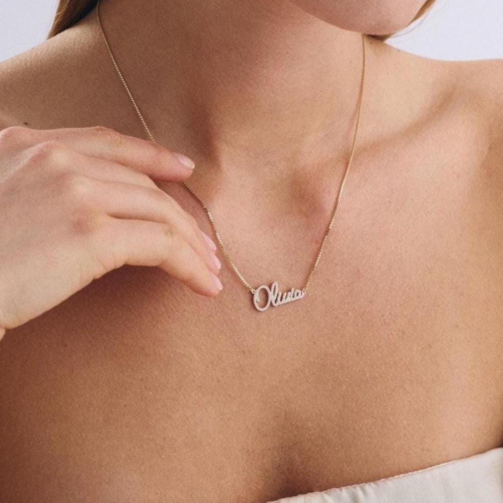 Pavé Name Necklace in 14K Solid Gold Box Chain