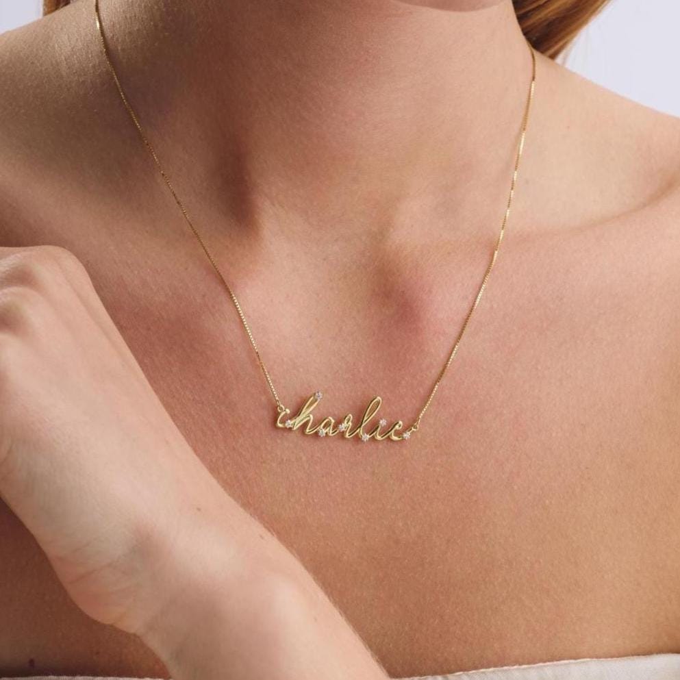 Starry Script Name Necklace in 14K Solid Gold Box  Chain