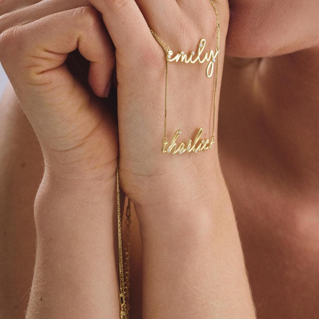 Starry Script Name Necklace in 14K Solid Gold Cable Chain