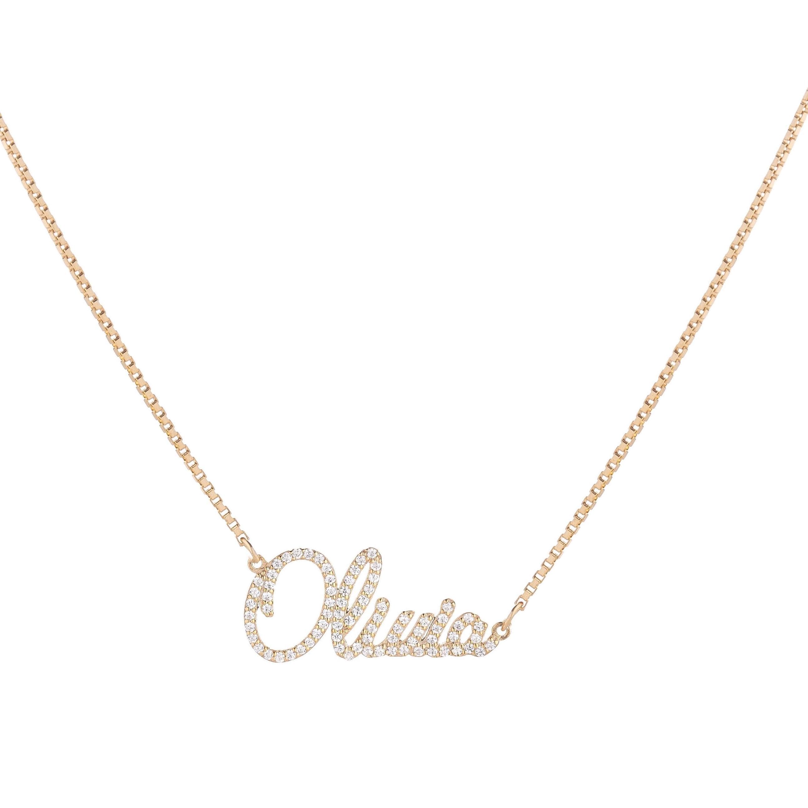 Pavé Name Necklace in 14K Solid Gold Box Chain
